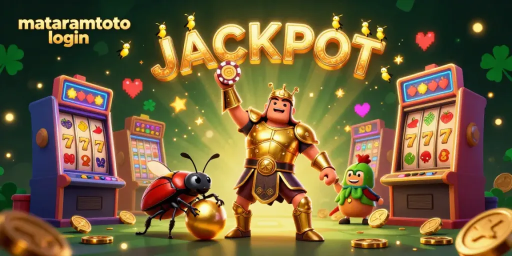 Experience the excitement of mataramtoto login with colorful slot machines and dazzling visuals promoting jackpot wins.
