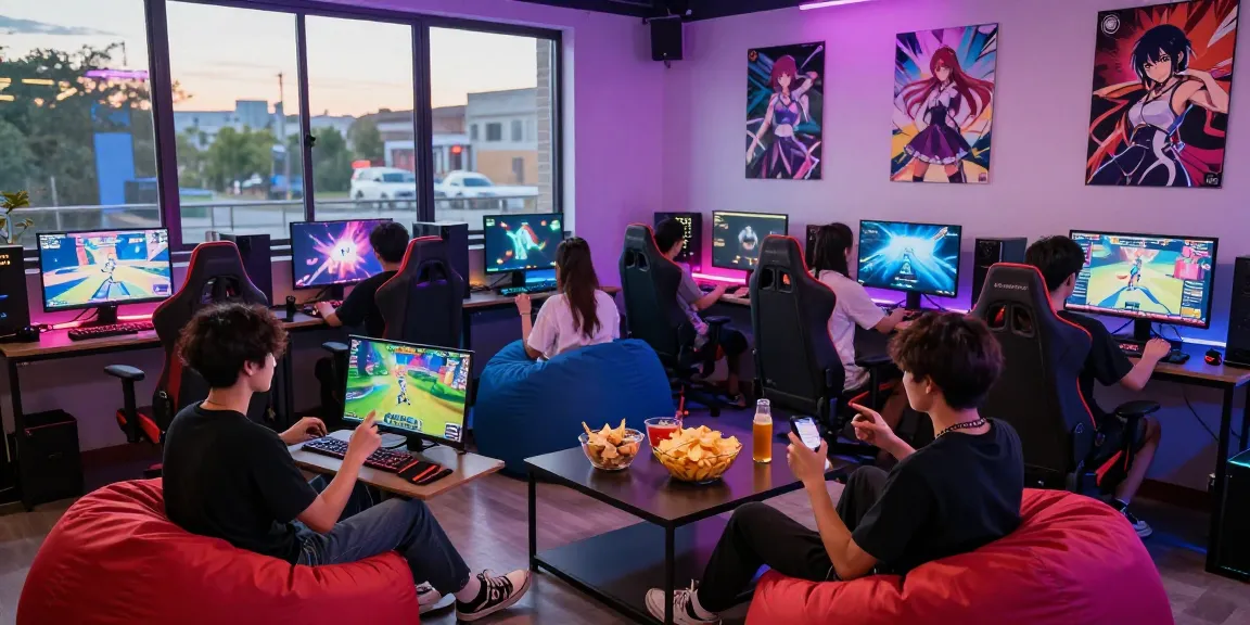 Friends enjoying engaging hentai games in a vibrant gaming lounge.