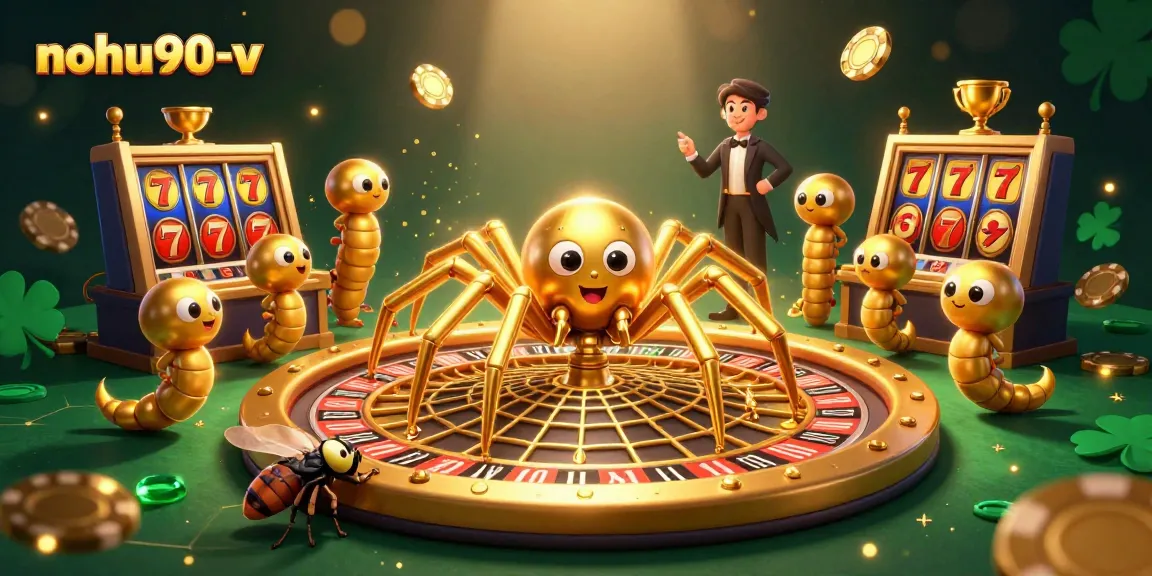 Experience thrilling gameplay at nohu90-v with a cartoon spider and flying slot elements in a vibrant casino scene.