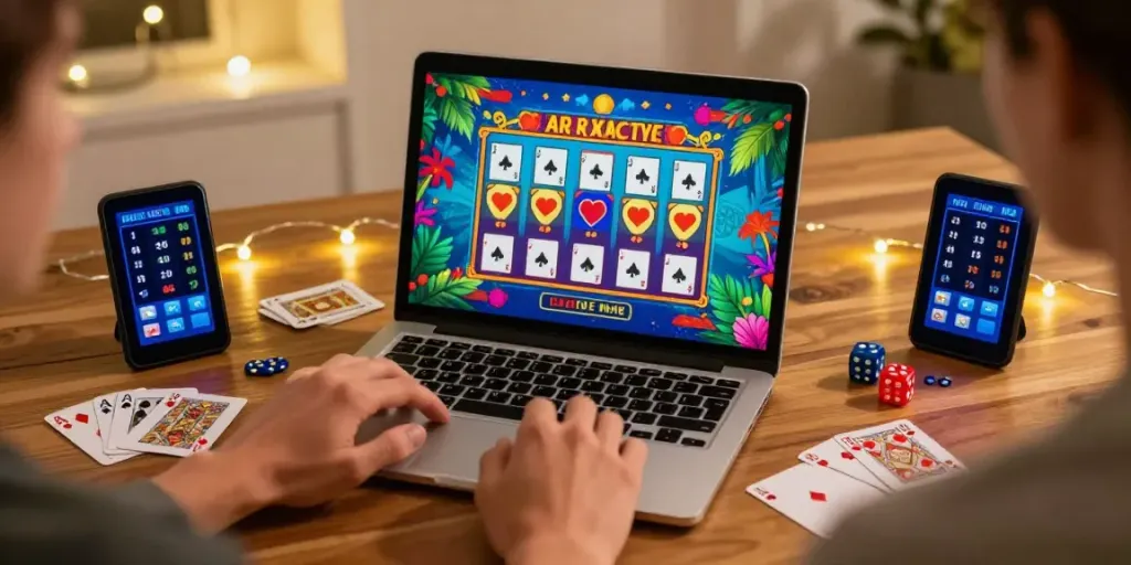 Interactive unsurtoto gaming scene with vibrant graphics, playing cards, and cozy ambience.