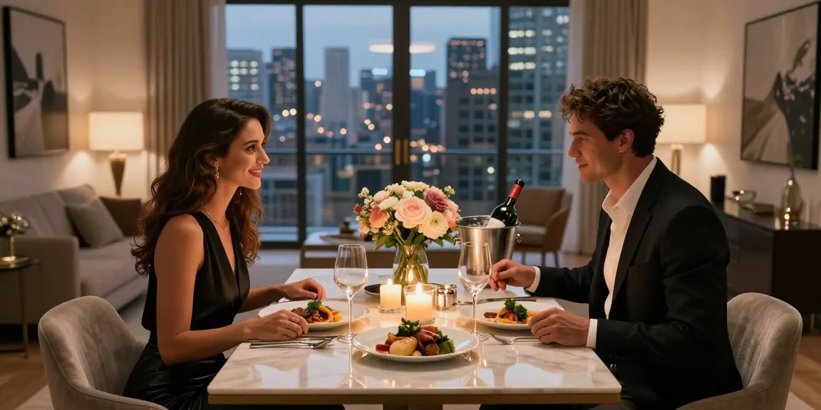 Momen elegan pasangan merayakan di penthouse mewah dengan hidangan gourmet dan suasana romantis, luxury111.