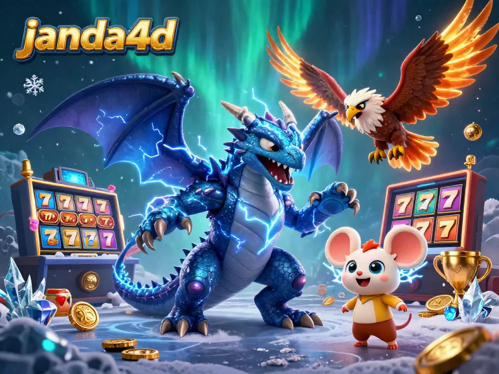 Permainan slot janda4d dengan karakter naga petir dan burung elang dalam suasana yang mengesankan.