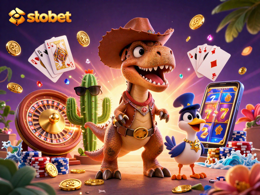 Engage with sbobet through vibrant casino elements and animated characters in dynamic 3D rendering.
