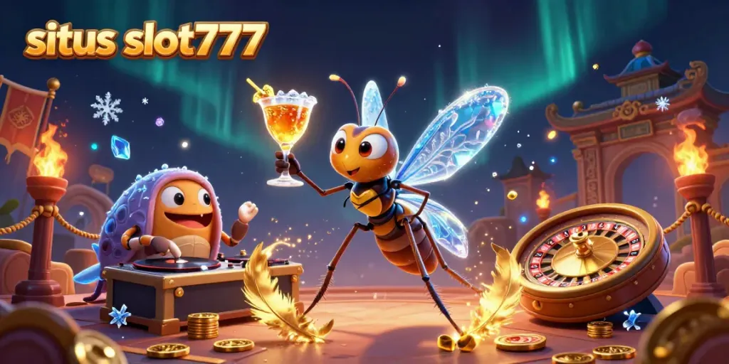 Experience the thrill at situs slot777 with a lively casino scene featuring a frozen mosquito mascot, trilobite DJ, and a roulette wheel.