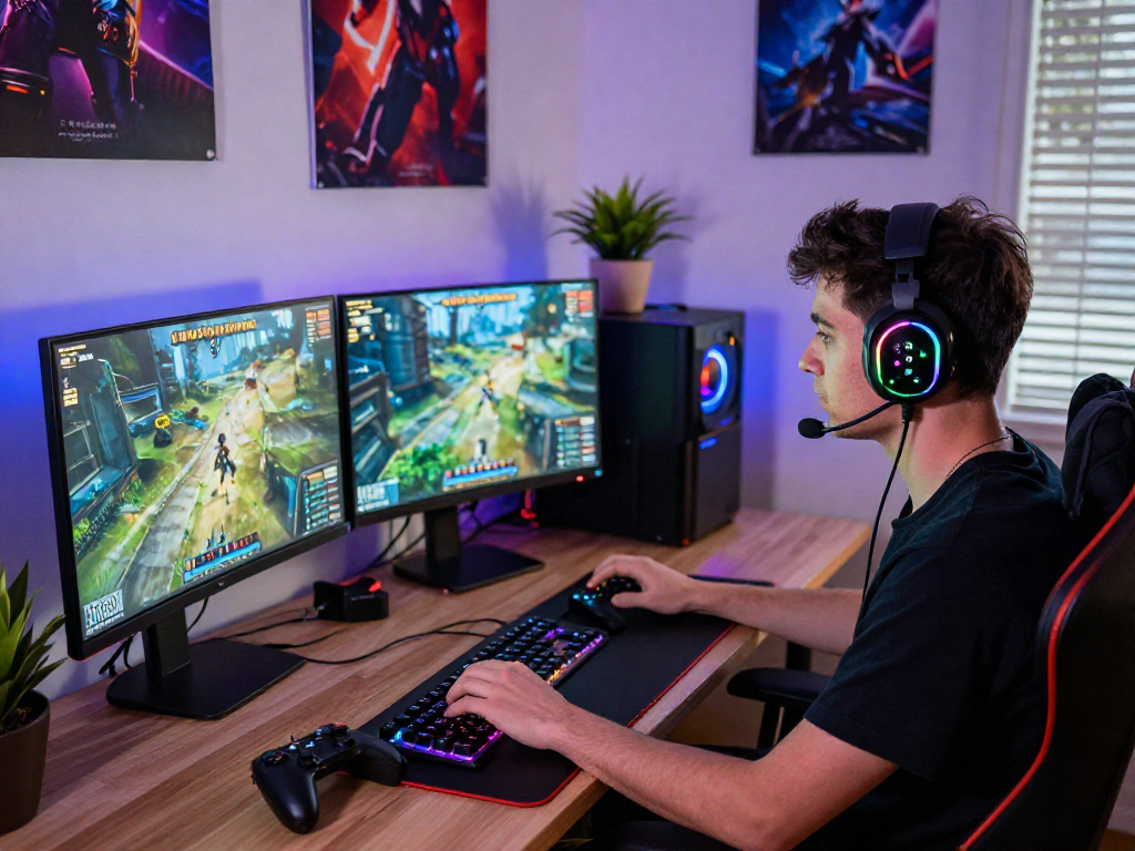 Vibrant gaming workspace showcasing mpocash.blog with immersive graphics and LED setup.