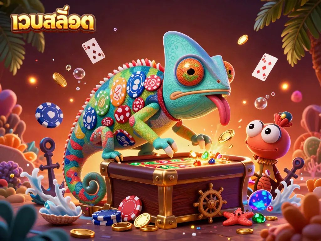 Engage with เว็บสล็อต in a vibrant scene showcasing a chameleon casino owner amidst dynamic gaming elements.