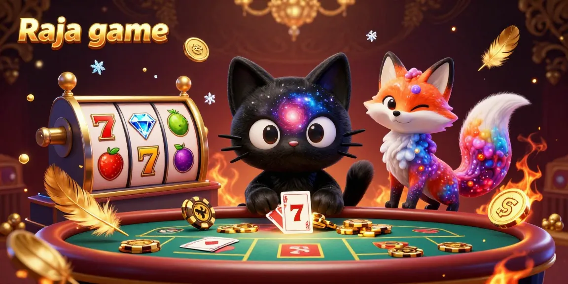 Engage with Raja game as a cosmic cat enthralls players with golden chips in a vibrant casino scene.