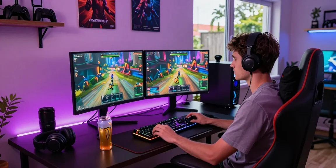 Gamer enjoying Playinexch in a vibrant home office setup with dual monitors and sleek gaming gear.