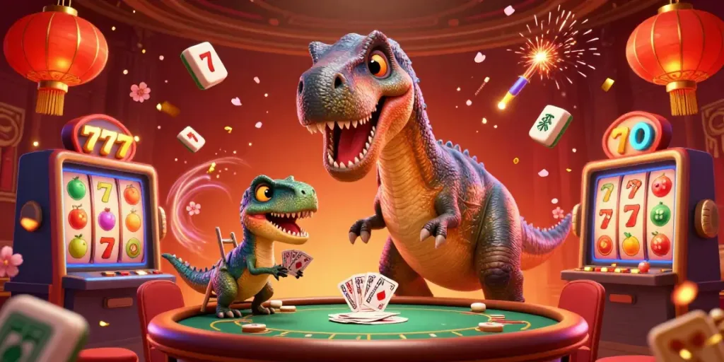 Slot 777 memperlihatkan dinosaurus dan raptor di kasino yang meriah, menjanjikan kemenangan.