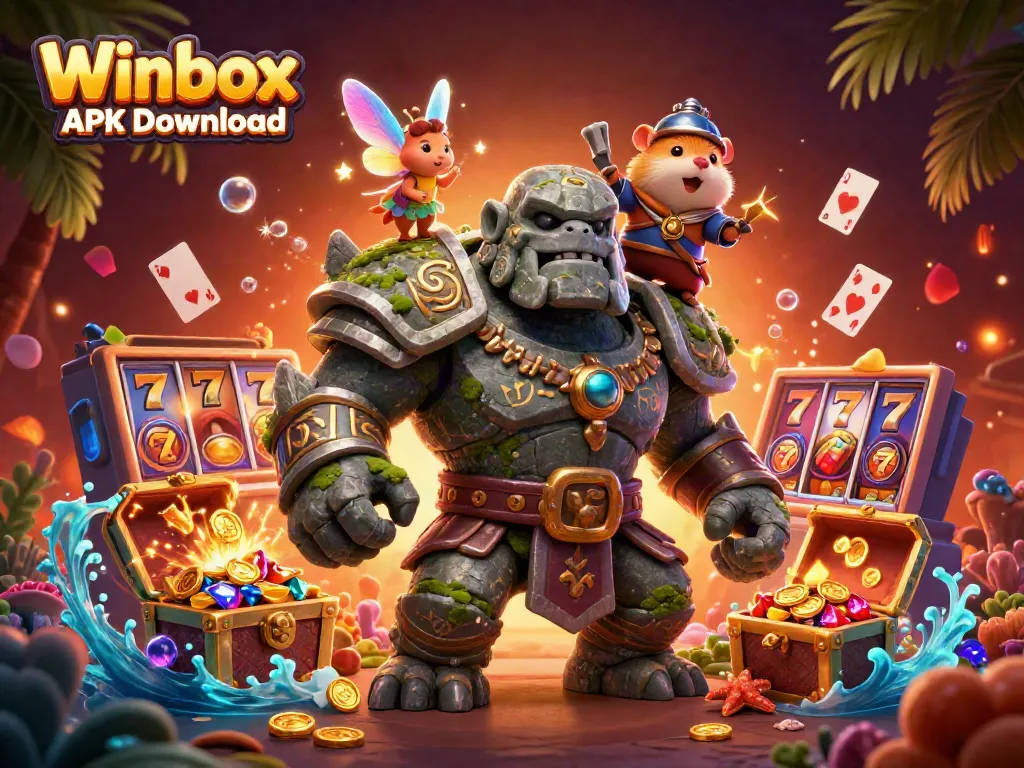 Winbox APK Download showcases a golem guardian with a knight in an exciting casino scene full of slot reels and treasures.