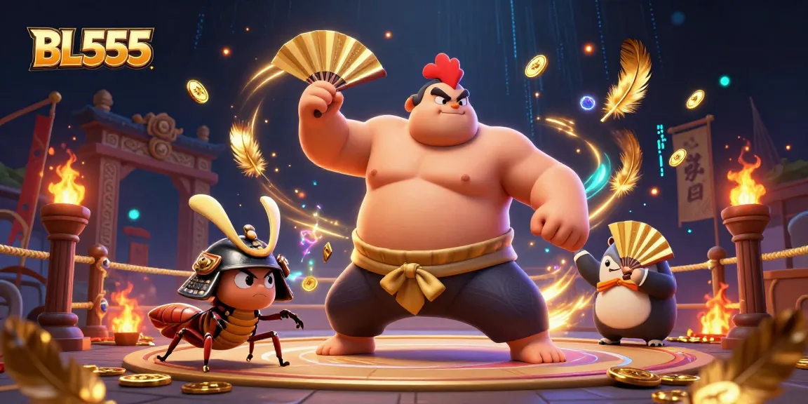 Experience intense action at BL555 with lively characters surrounded by gold coins and betting tokens.
