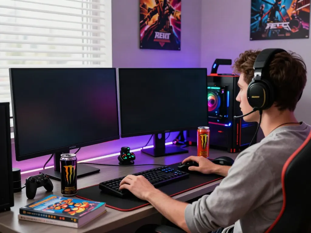 A vibrant gaming scene showcasing the engaging experience of akunjp online slot gaming with monitors, energy drinks, and gaming gear.