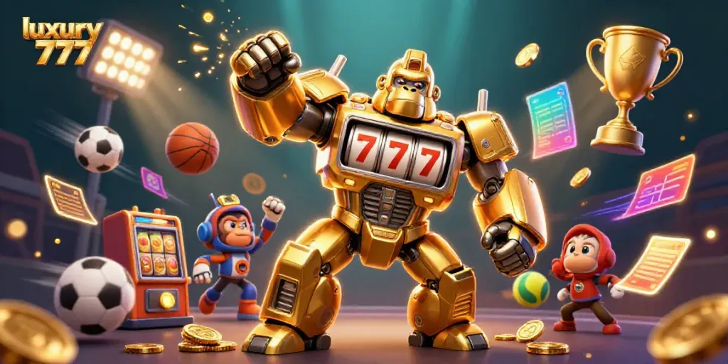 Experience luxury 777 with a thrilling scene showcasing a golden gorilla mech amidst vibrant gaming elements.