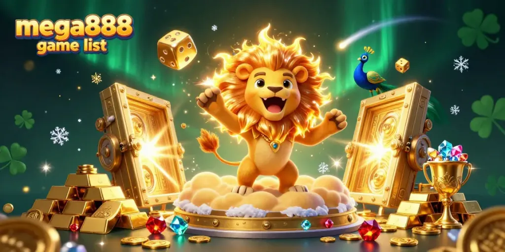 Engage with the vibrant mega888 game list as a sun lion triumphs amidst golden treasures and rich gaming elements.
