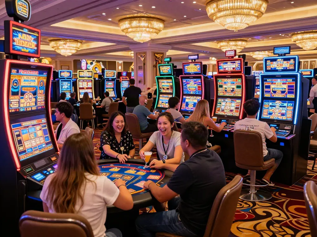 Lucky777 players celebrating wins at vibrant casino slot machines.