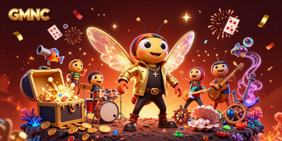 GMNC showcases a vibrant casino scene with a cicada rock star, treasure, and festive elements.