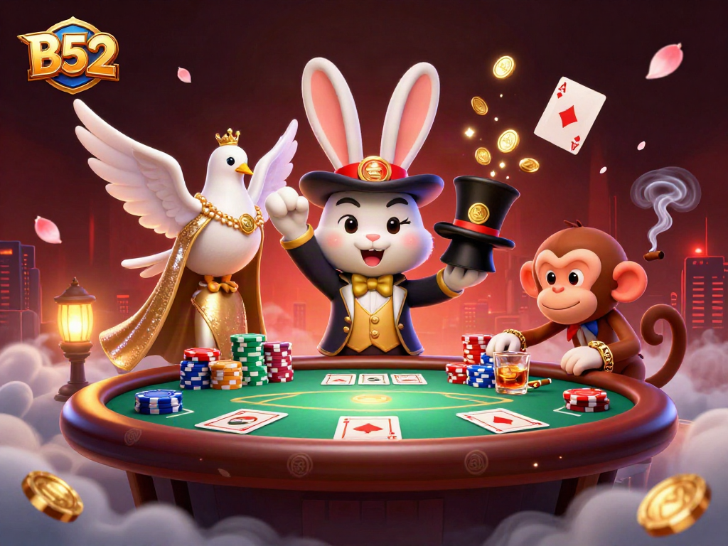 B52 casino scene with a magician rabbit, dove, and monkey amidst vibrant poker elements.