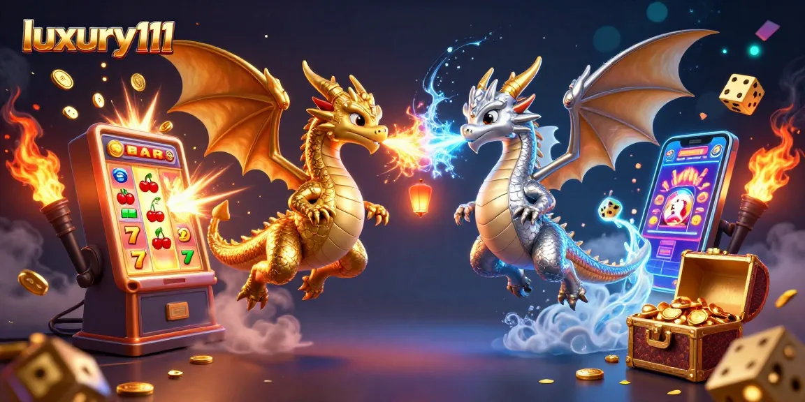 Experience the thrill of luxury111 as golden and silver dragons battle amidst jackpot excitement in this vibrant casino illustration.