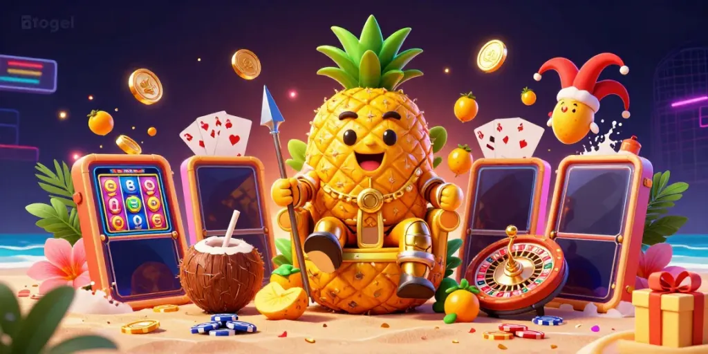 Engage with the dynamic togel scene featuring a golden pineapple king and exciting casino elements.
