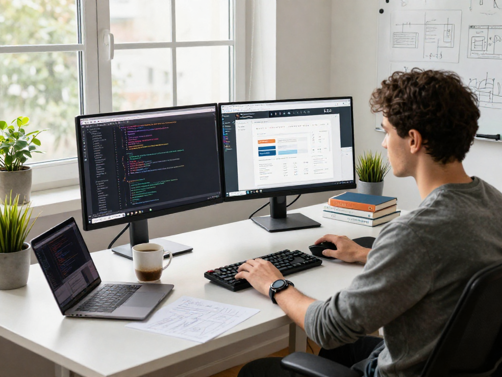 Pengembang di ruang kerja modern dengan wifi4d siap menjawab tantangan coding.