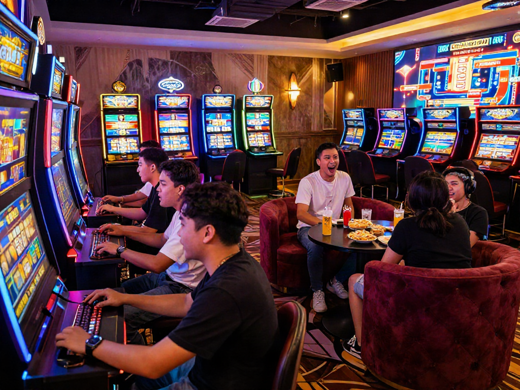 Players enjoying slot gacor games in a vibrant gaming lounge environment.