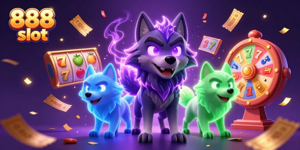Permainan slot 888 slot yang penuh warna dan energik dengan karakter serigala dan simbol perjudian.