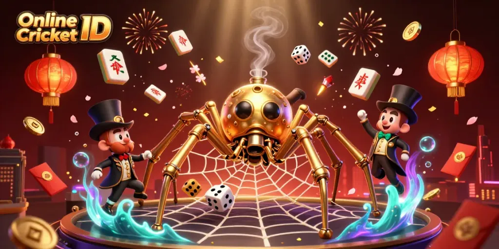 Engage in thrilling bets with Online Cricket ID, featuring a steampunk spider web of golden chains and poker chips amidst dynamic gambling elements.