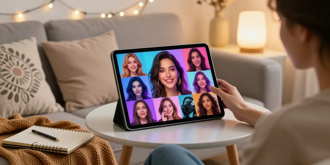 Engaging interaction with a customizable nsfw ai girlfriend on a sleek tablet, set in a cozy home atmosphere.