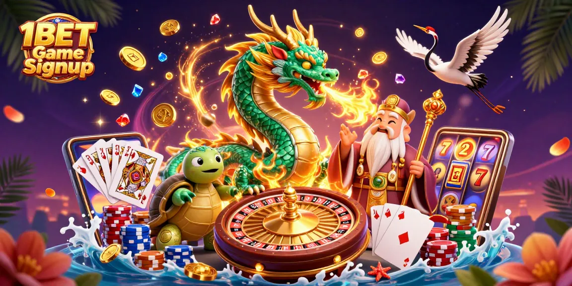 Experience the thrill of 1BET Game Signup with a vibrant casino scene featuring dynamic characters and gaming elements.