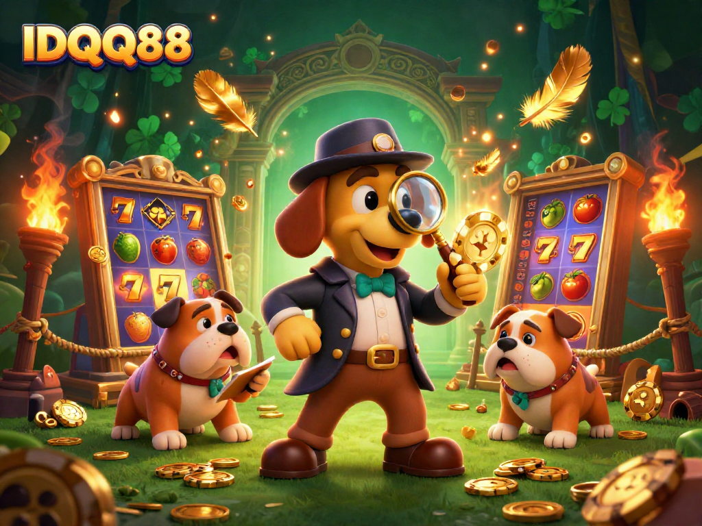 Experience the thrill of IDQQ88 slots with a detective and bulldog in a vibrant casino scene.
