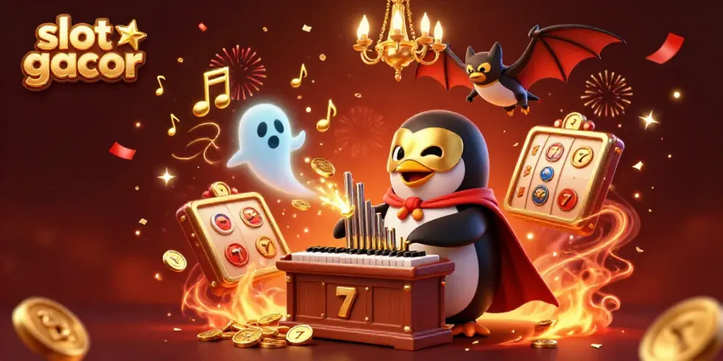 Experience the excitement of slot gacor with a whimsical penguin and vibrant casino elements.