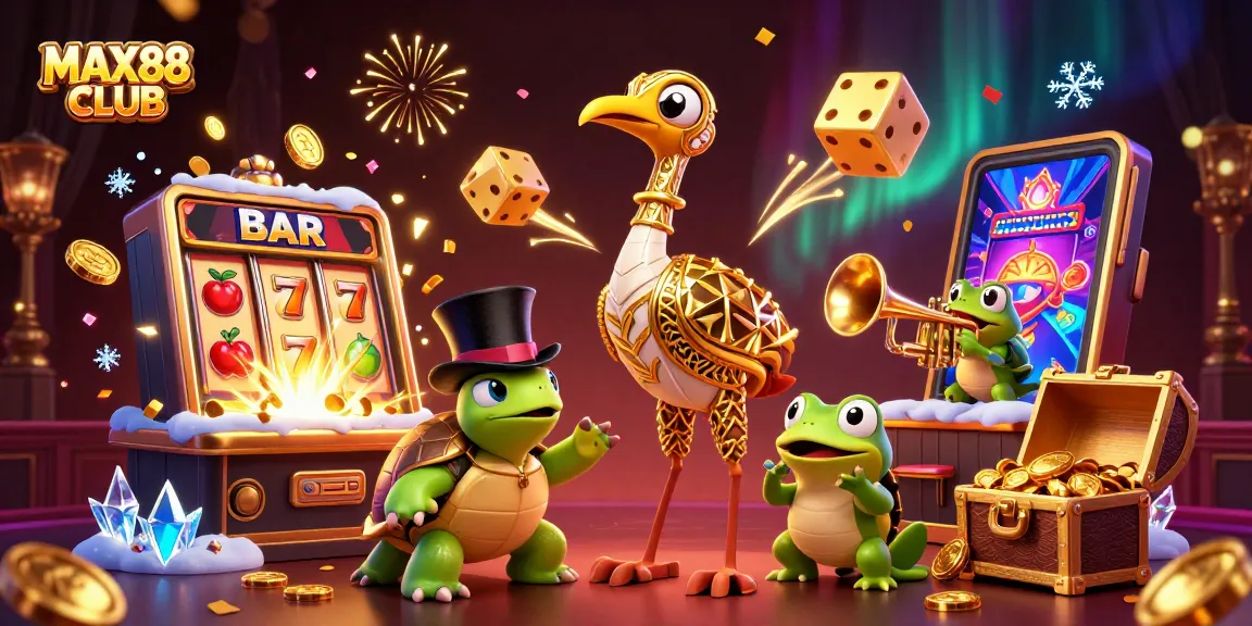 Experience the thrill with MAX88 CLUB, featuring lively cartoon characters and vibrant casino elements.