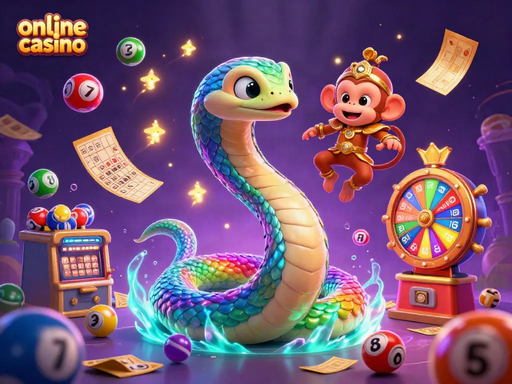 A playful scene featuring a rainbow serpent and monkey king representing the online casino theme with lottery elements.