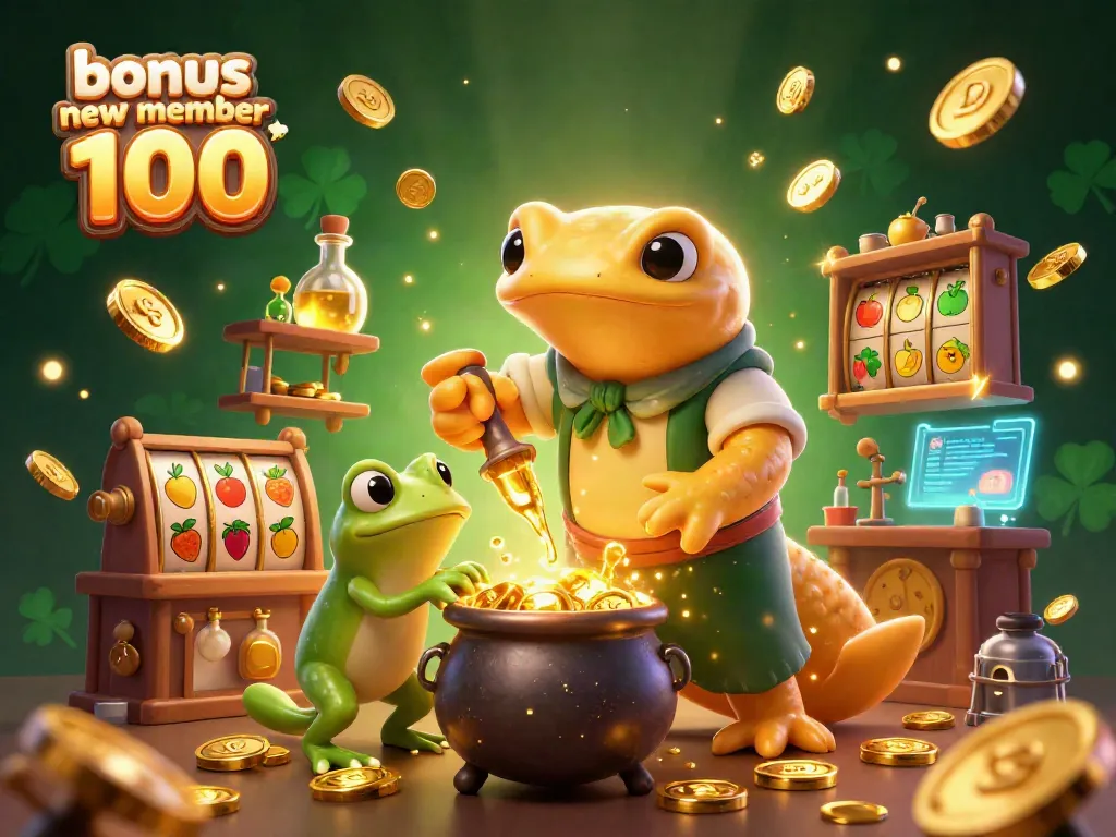 Experience the thrill of the bonus new member 100 with a vibrant illustration featuring a golden salamander alchemist and gold coin action.