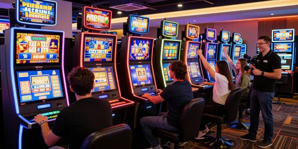 Exciting slot gaming scene with players enjoying colorful slot machines and vibrant decor.