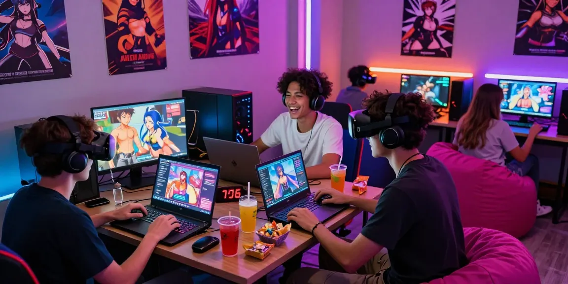 Players immersed in exciting hentai games in a vibrant gaming lounge.
