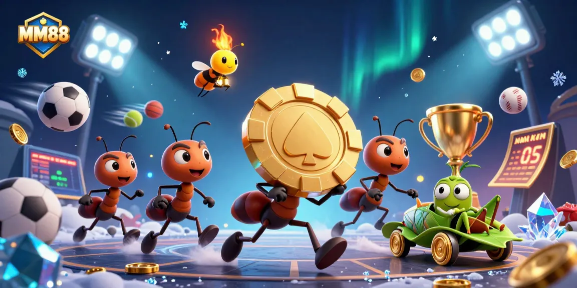 Join MM88 on an exciting adventure with ants carrying a massive golden poker chip, filled with casino elements.