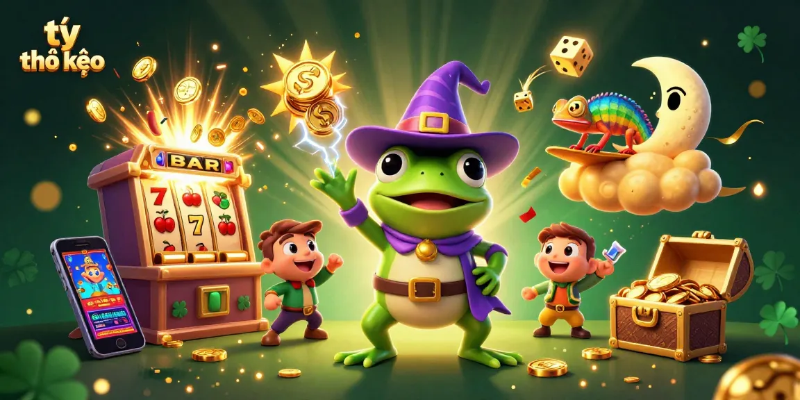 Experience the vibrant tỷ lệ kèo scene with a rainbow chameleon and wizard frog, surrounded by casino treasures.