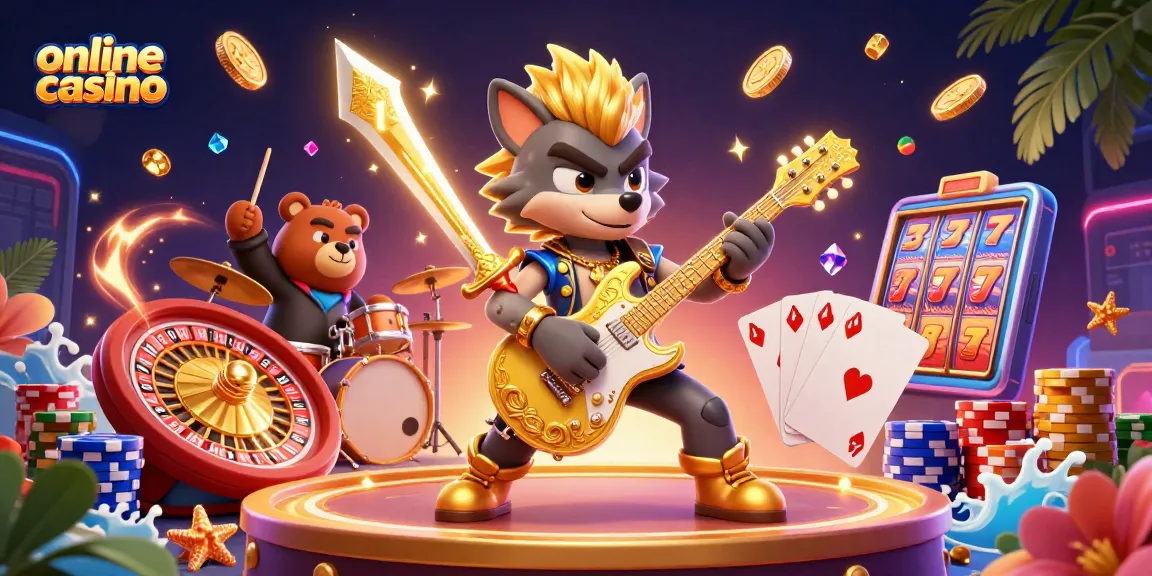 Experience excitement at an online casino with a rock star wolf and a drummer bear on stage.
