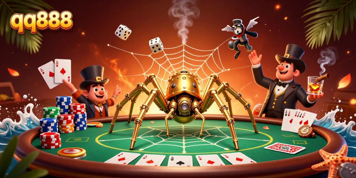 Catch the thrill of qq888 as a golden spider ensnares dice in its shimmering web.
