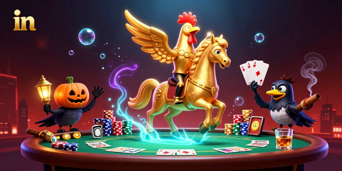 Experience the thrill in a midnight casino with a golden rooster and poker elements.