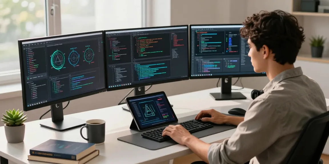 Data scientist working with generative AI models in a modern tech workspace with multiple monitors.