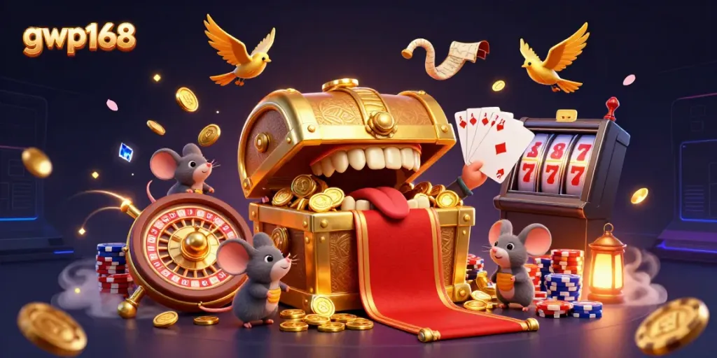 Permainan slot GWP168 yang menggiurkan dengan peti harta karun dan simbol keberuntungan, menggoda para pemain.