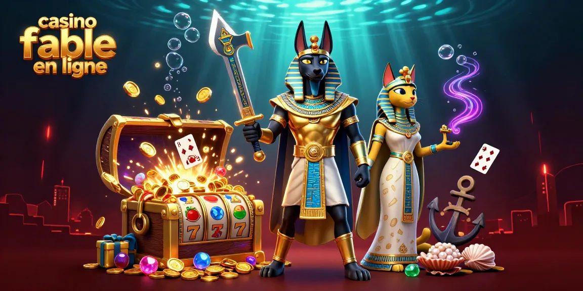 Engage with casino fiable en ligne in a vibrant 3D scene featuring Anubis and Bastet, surrounded by treasure.