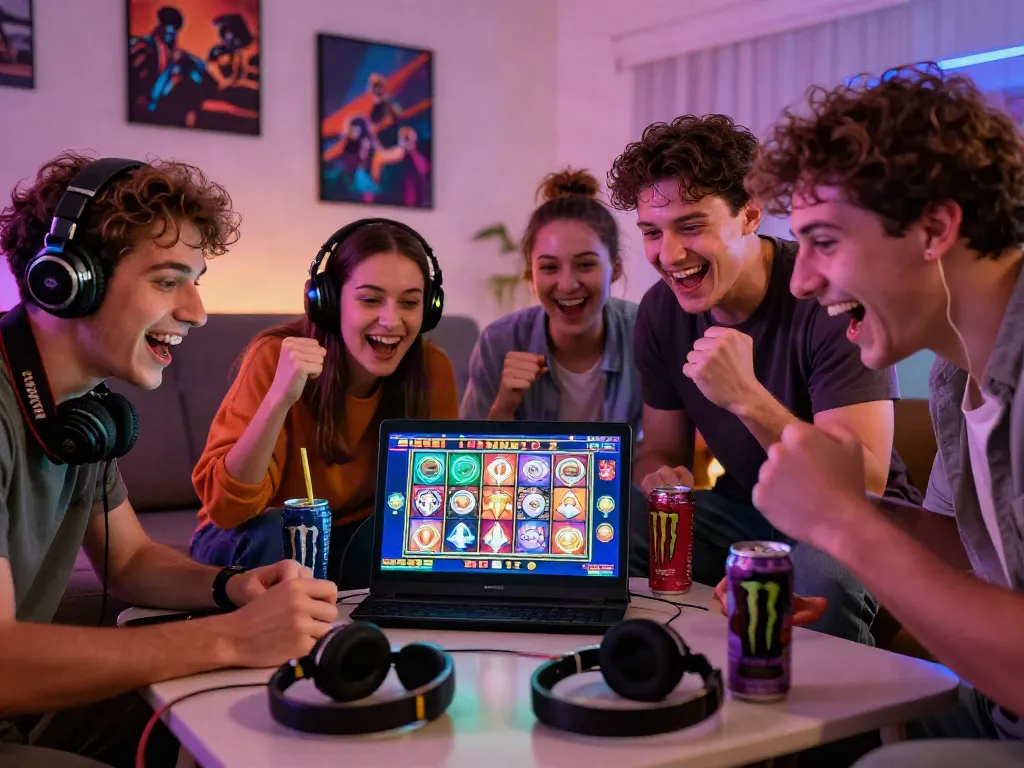 Friends enjoying luxury12 slots on mobile, vibrant gaming atmosphere with excitement.