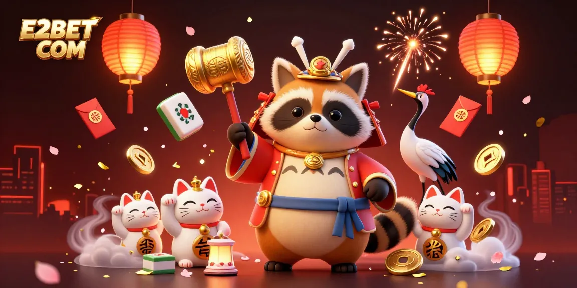 Experience the excitement of E2BET COM with vibrant characters in a dynamic casino celebration.