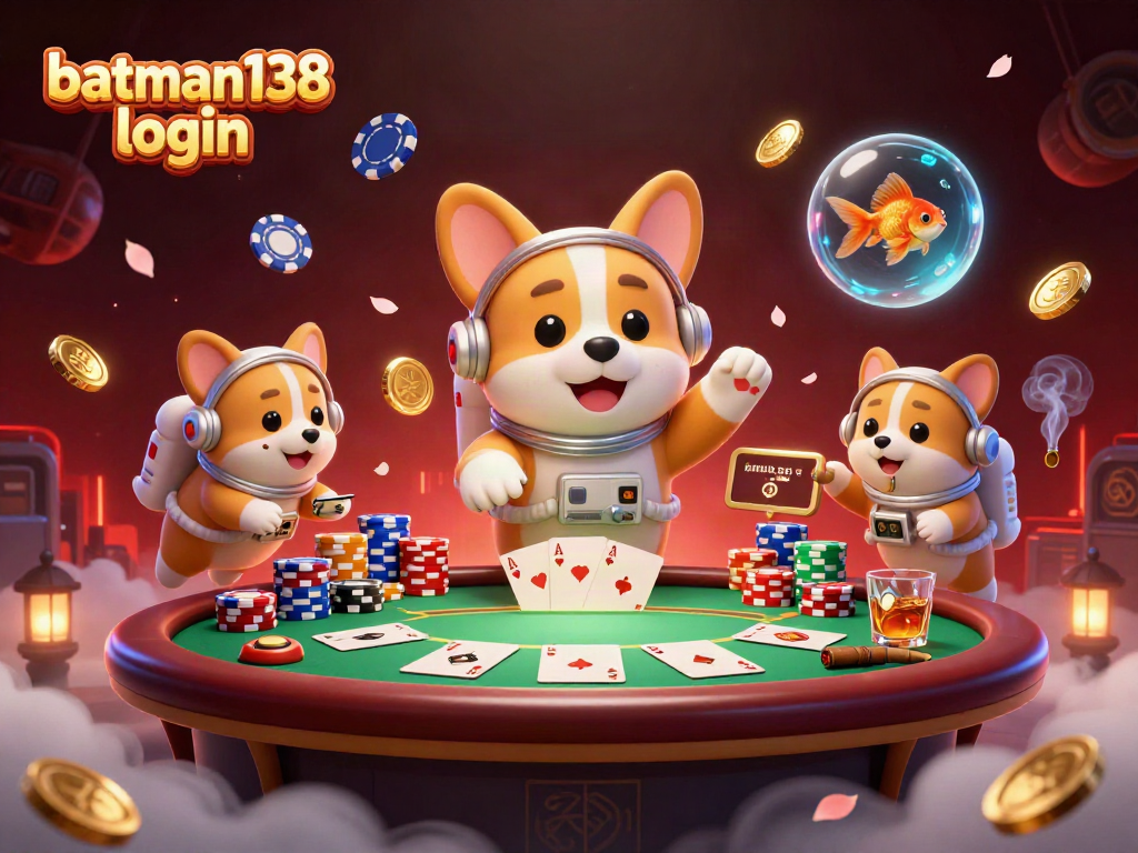 Join the fun with batman138 login in a dynamic space casino adventure featuring a floating corgi and poker elements.