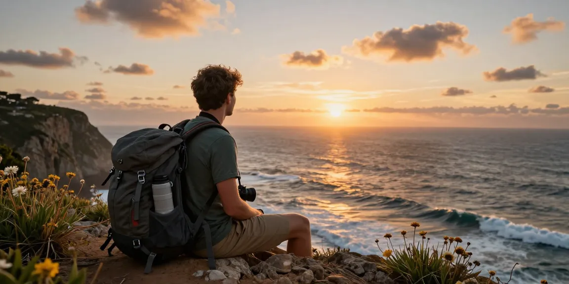 Young traveler contemplating the ocean from a cliff, slot qris 5000 adventure awaits.