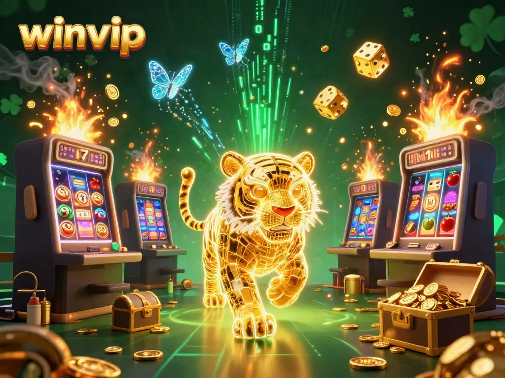 Experience winvip excitement with a vibrant casino scene featuring a golden tiger and bursting slot machines.