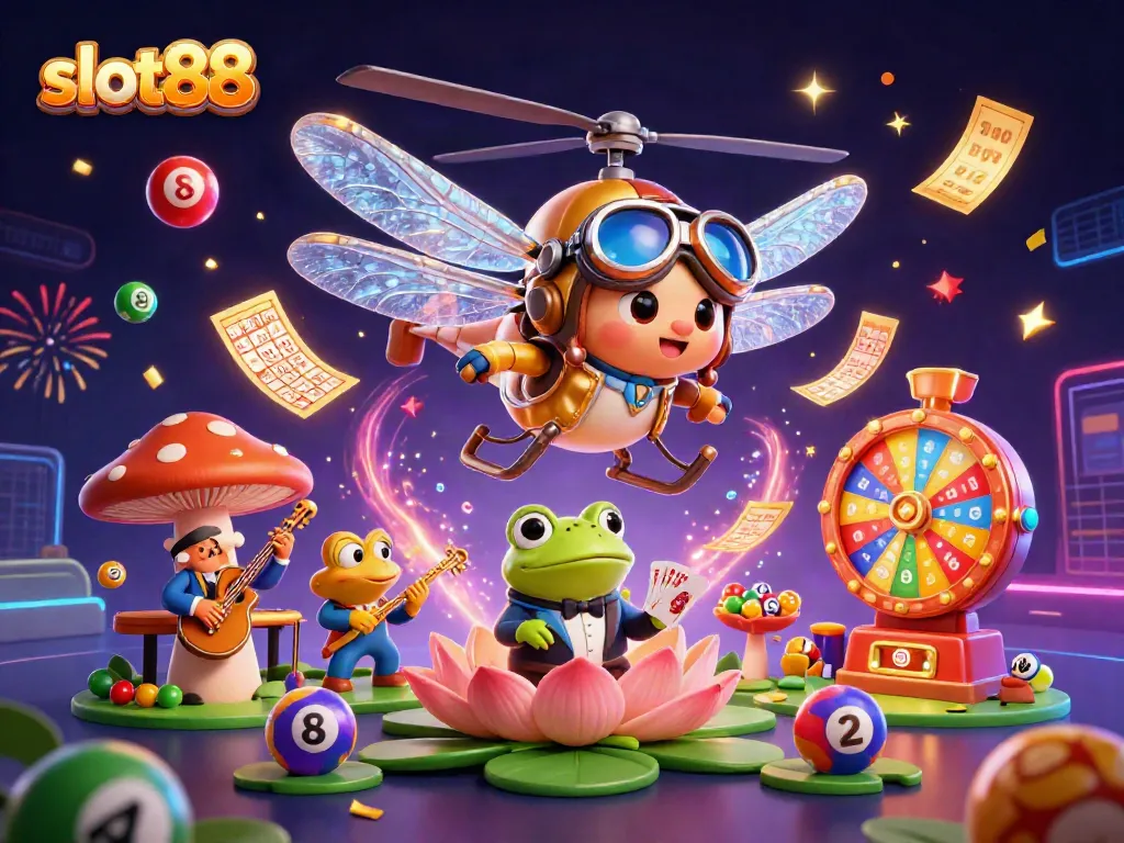 Menghadirkan slot88, ilustrasi kasino 3D dengan pilot kupu-kupu, dealer kodok, dan musisi kriket yang meriah.